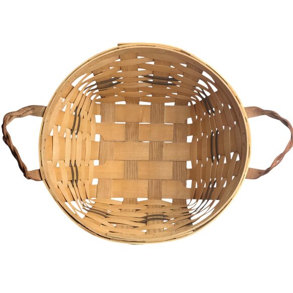 Large Handmade PETERBORO BASKET CO Amish Basket, Wood w/ Leather Braided Handles - Picture 8 of 13